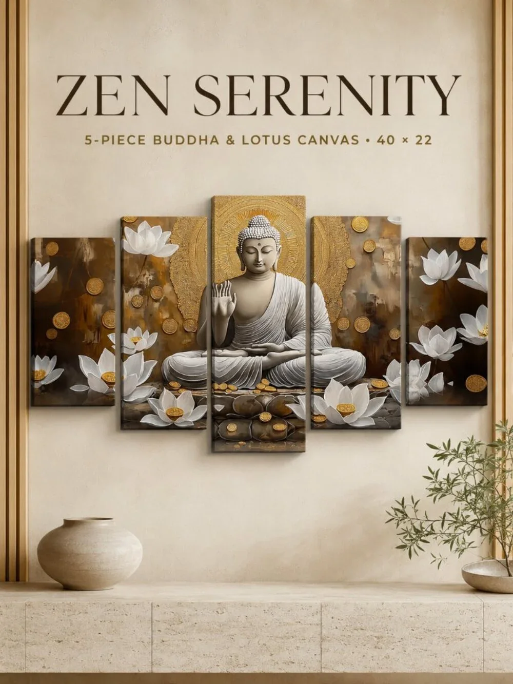 Buddha Gold Lotus Zen Canvas Wall Art Set 5pc 40x22 Framed